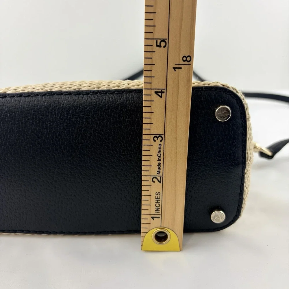 Kate Spade Reiley Straw Dome Satchel Crossbody Bag Cream Black Leather Woven